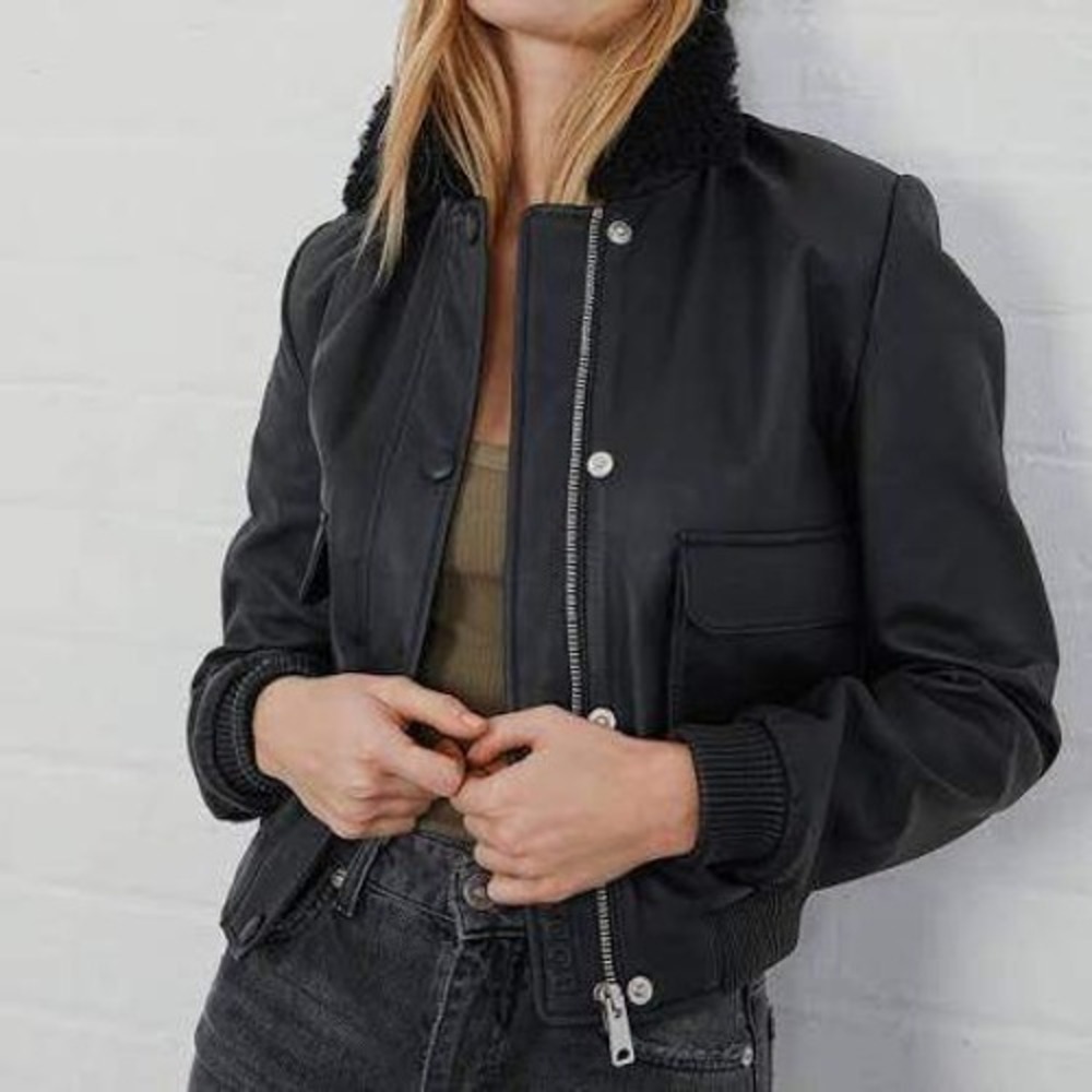 BODA SKINS "Aviatrix" Bomber Jacket Napa Leather with Shearling Collar Size 4